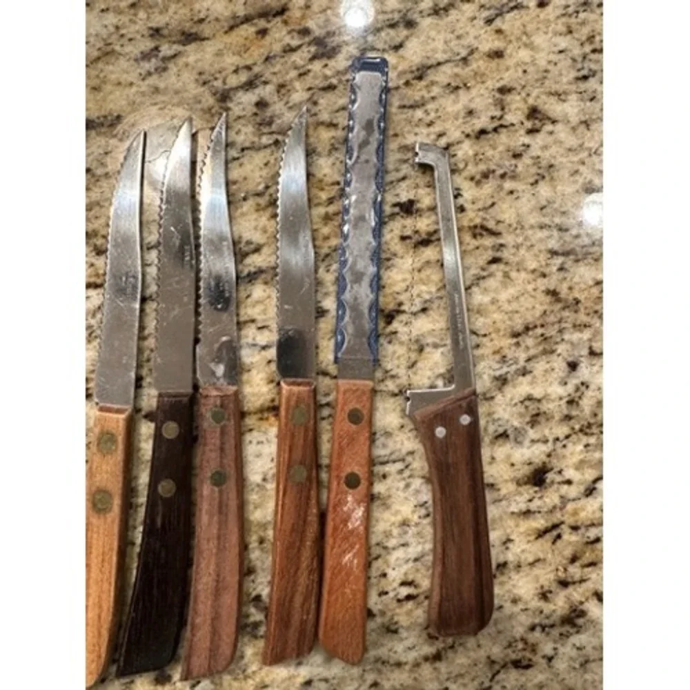 8 pc Vintage Stainless Steel Steak, Cheese, Grapefruit Knives Wood Handles Japan